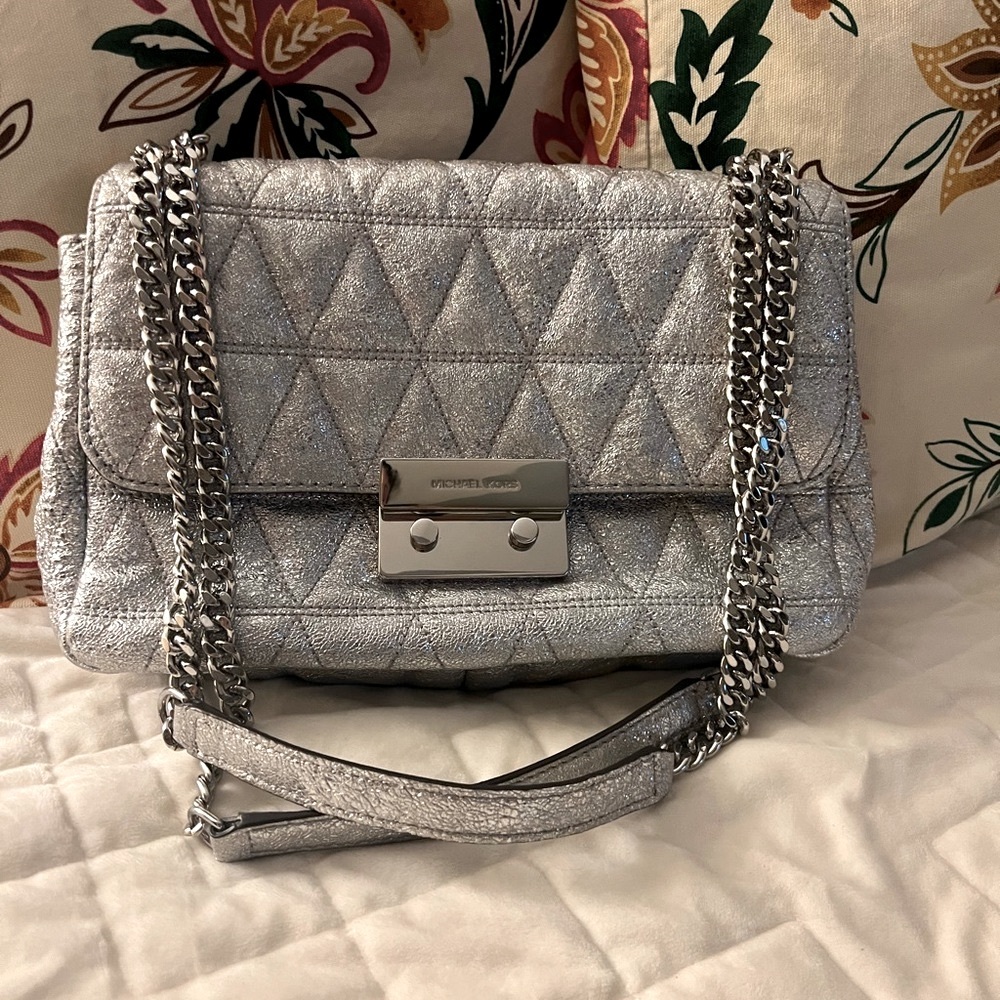 Like new condition shimmer silver Michael kors cross body bag